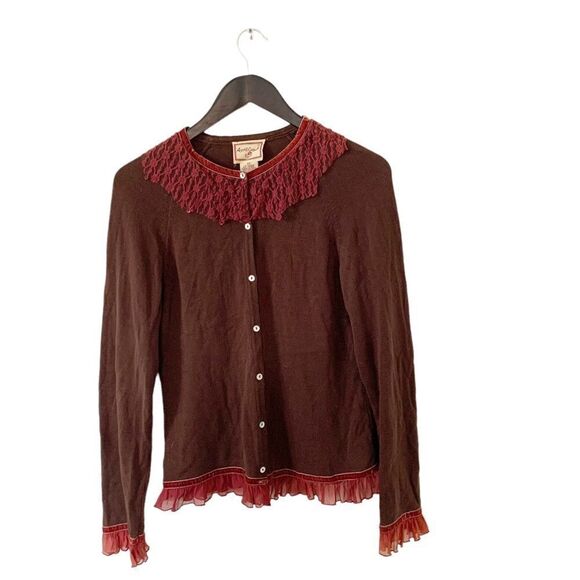 April Cornell Brown Burgundy Lace Buttoned Cardigan Sweater - Picture 1 of 7